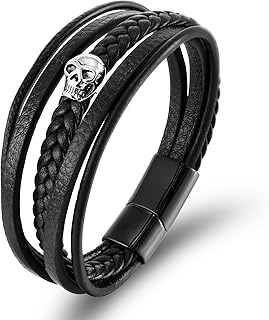 Bracelet en Cuir Homme Bracelet Tête de Mort Tressé Acier Inoxydable 21cm