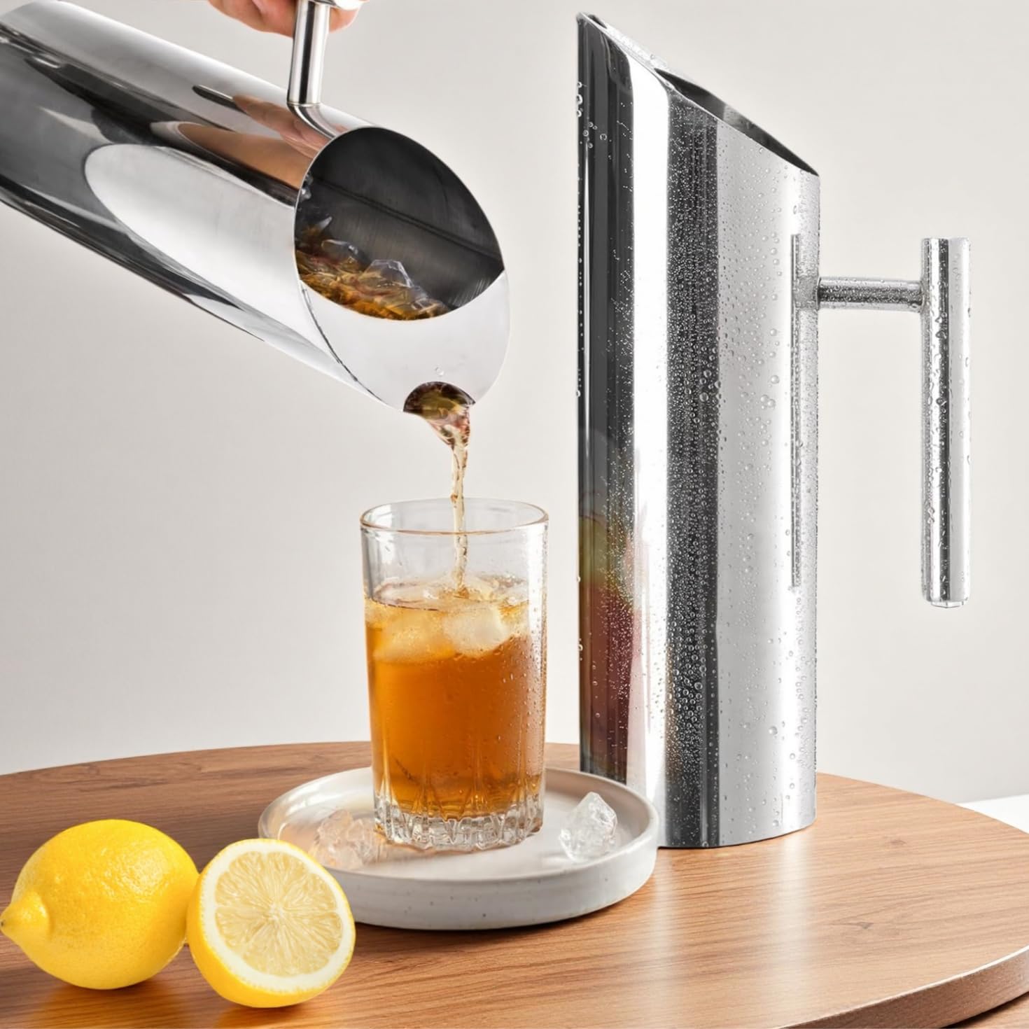 53oz/1.5L Stainless Steel Water Pitcher, Modern Metal Kettle with Ice Guard, Silver Carafe Drink Pitcher with Handle, Straight Bottle Beverage Container for Iced/Hot Tea, Juice, Coffee, Milk - Image 2