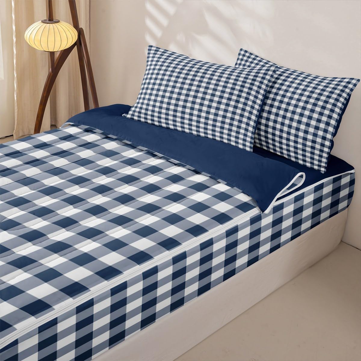 Navy Blue Gingham Kids Comforter Set Twin Zipper Bedding Set for Boys Girls,Vintage Blue White Checkered Zipper Bedding,Simple Geometric Grid 4 Pcs Bed in a Bag with Fitted Sheet,2 Pillowcases