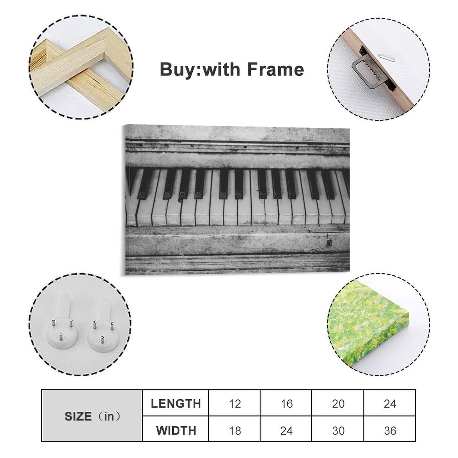 Póster retro de piano antiguo en blanco y negro con teclas en lienzo, decoración de pared, impresiones artísticas en obras de arte modernas para sala de estar, baño, dormitorio, hogar, 60 x 90 cm