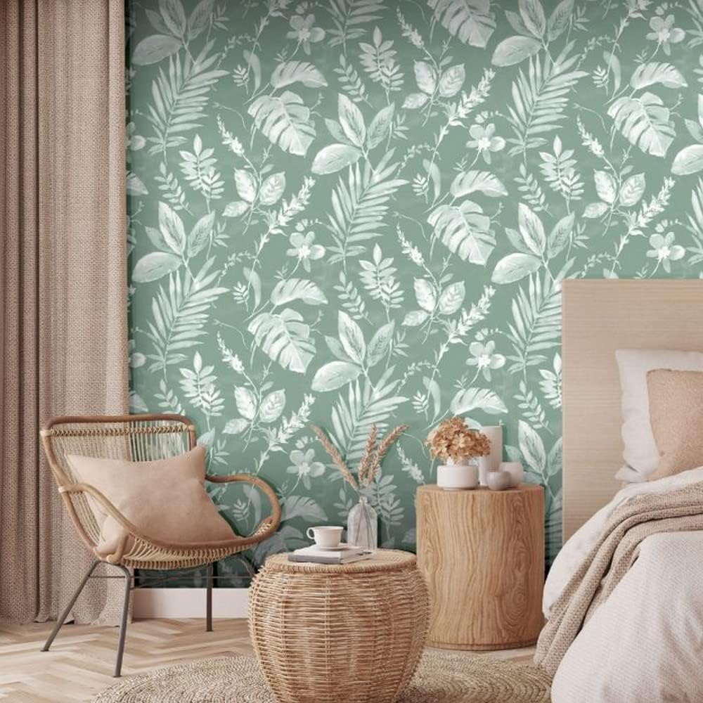 Muriva Eden Collection Tane Soft Tropical Leaf Design Leaf Wallpaper Green L98904
