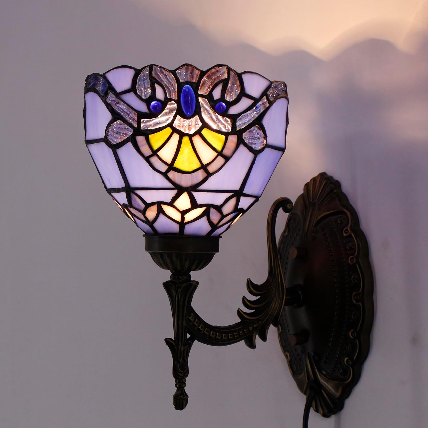 Tiffany Wall Sconce Lamp Plug in 6X8.5X11 Inch Stained Glass Wall Light Mount Fixture for Hallway Bedroom (Blue Baroque)