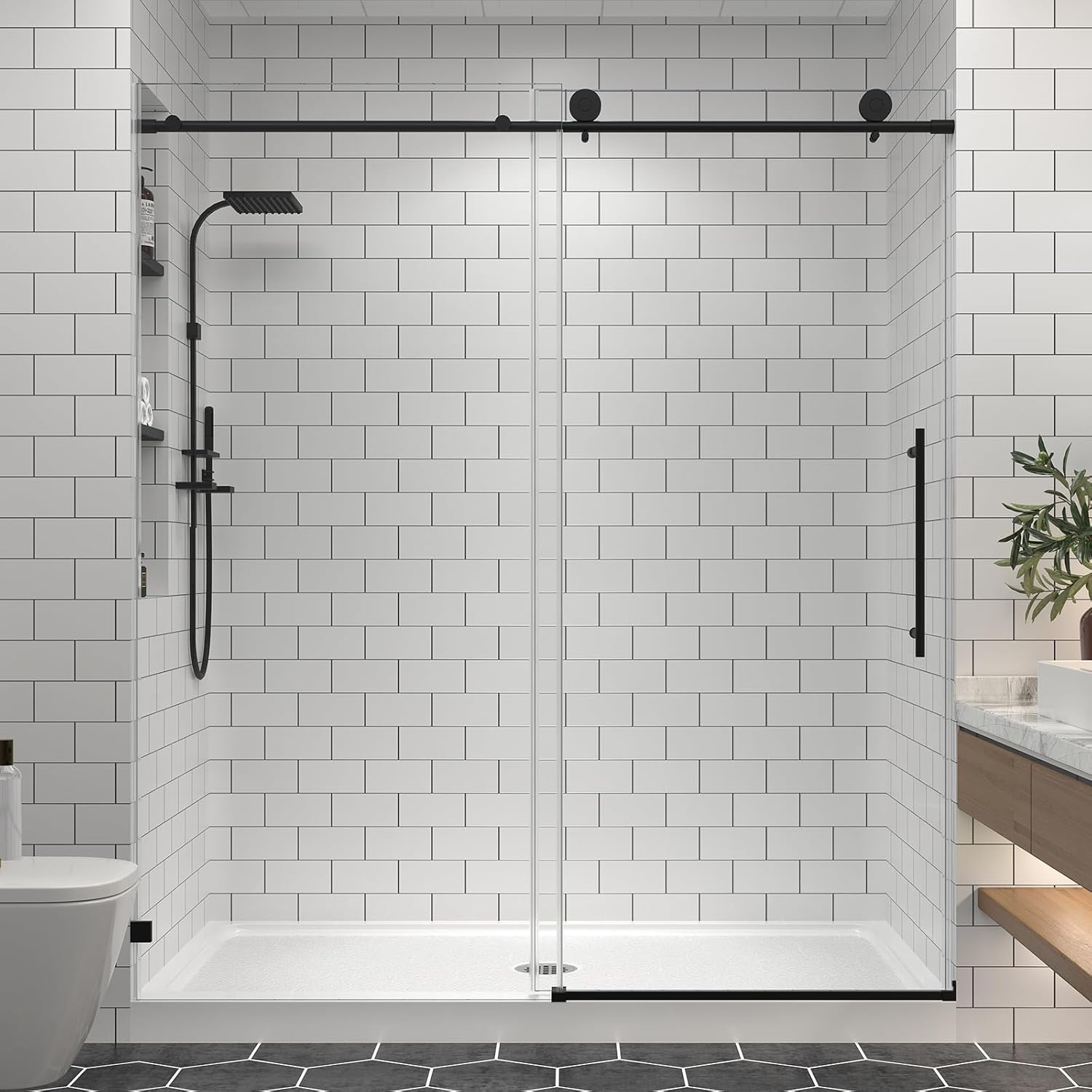 55-60”W x 76”H Frameless Sliding Shower Door, 5/16” (8MM) SGCC Tempered Glass, Soft-Close Function, Stainless Steel Hardware, Explosion-Proof Film, Nano Coating, Matte Black Finished