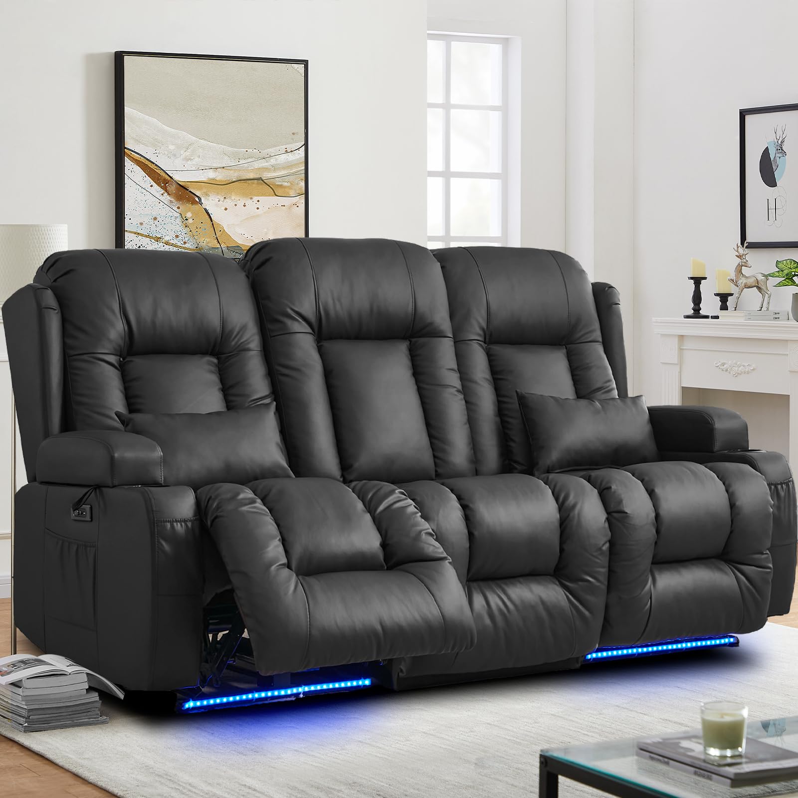 Power 3 Seater Recliner, Home Theater Seating with Massage & Heating, 3 Seat RV Recliner Sofa Chair for Living Room with Lumbar Pillows/Side Pockets/LED Light/Outlet (Black, 3 Seat)