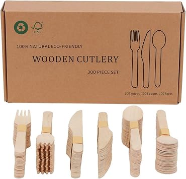 Disposable Wooden Forks Set-300 Pieces Wooden Compostable Utensils100 Forks, 100 Knives, 100 Spoons for 100 Guests