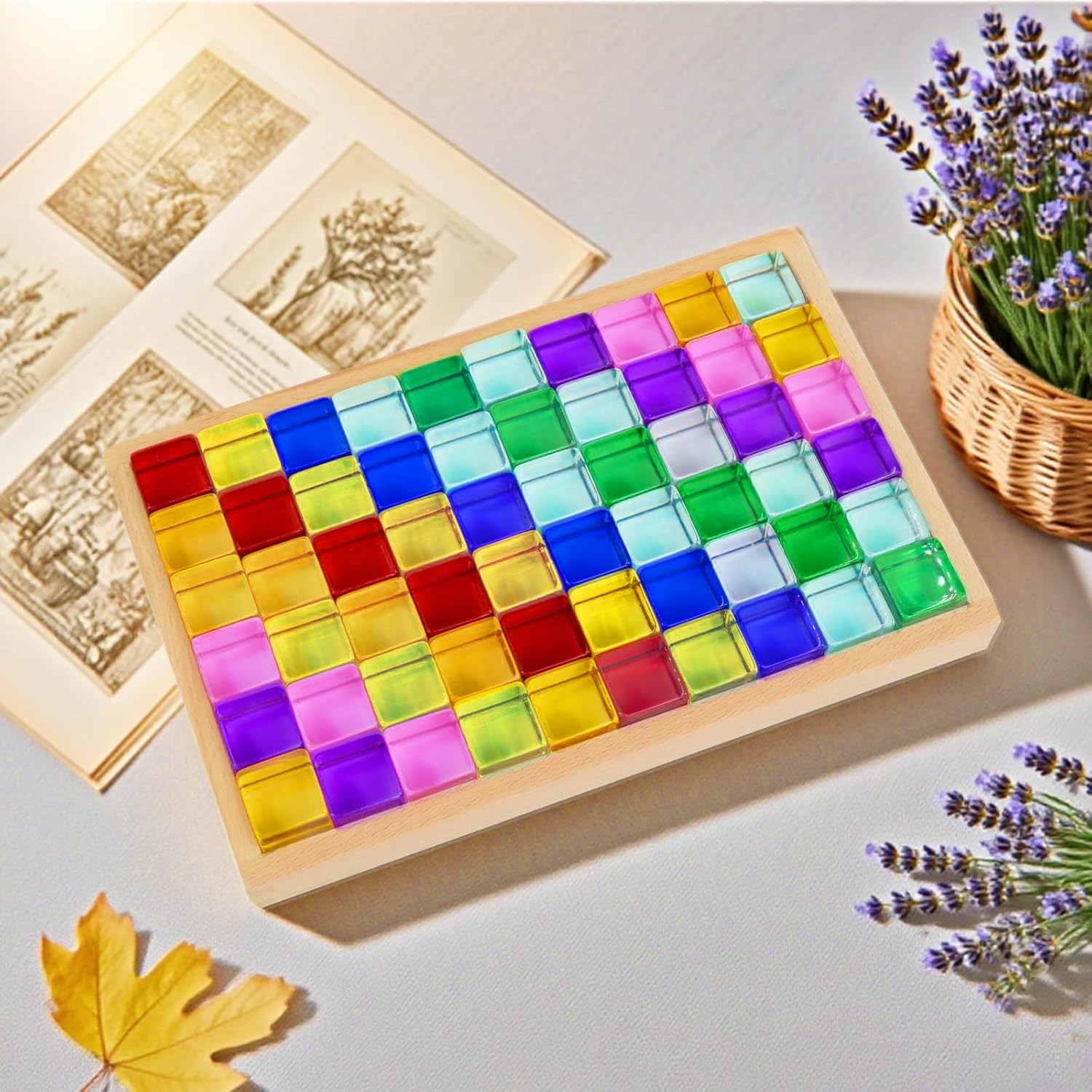 120 Pcs Acrylic Gem Cubes Blocks Translucent Colors Rainbow Building Cubes with Wooden Storage Box for Sensory Training Stacking Toys Educational Crystal School Birthday Gift (10 Colors)