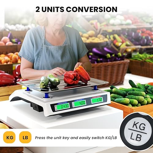 Miniatura 7 de Giantex Báscula de cálculo de precios 66 lb30 kg, báscula comercial recargable de alimentos con pantalla LCD doble, plataforma de acero inoxidable,