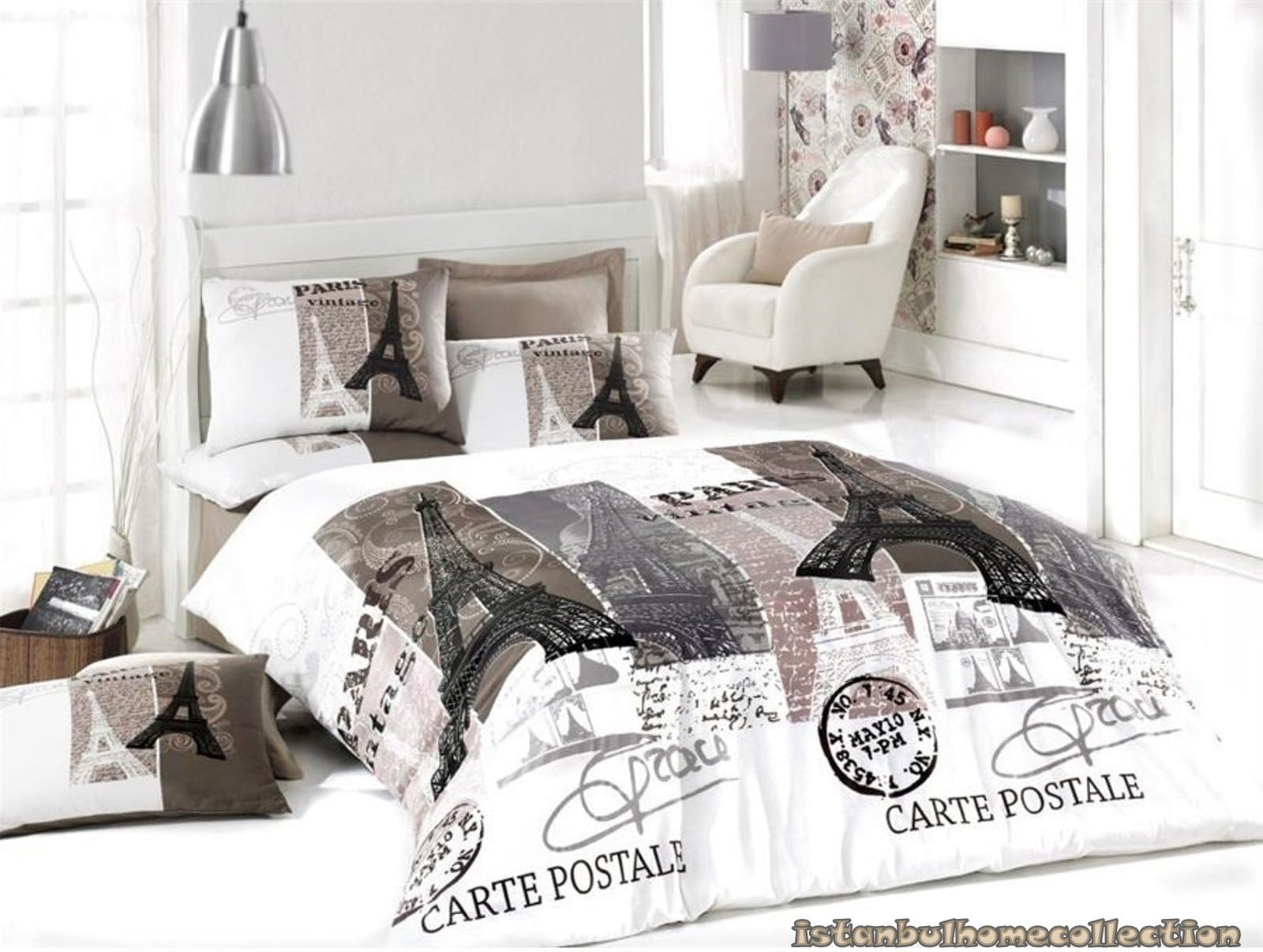 100% Cotton Paris Eiffel Tower Theme Themed 4 Pcs Carte Postale Full Queen Size Quilt Duvet Cover Set Bedding Linens
