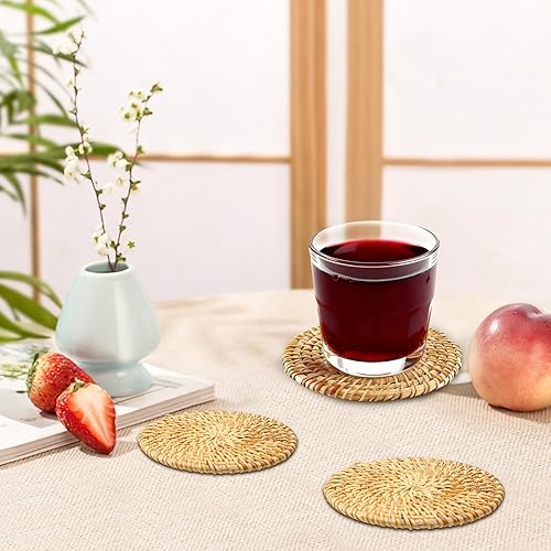 Miniatura 7 de 6 posavasos de ratán hechos a mano con soporte, posavasos tejidos para bebidas, posavasos redondos de ratán, decoración de mesa auxiliar de madera