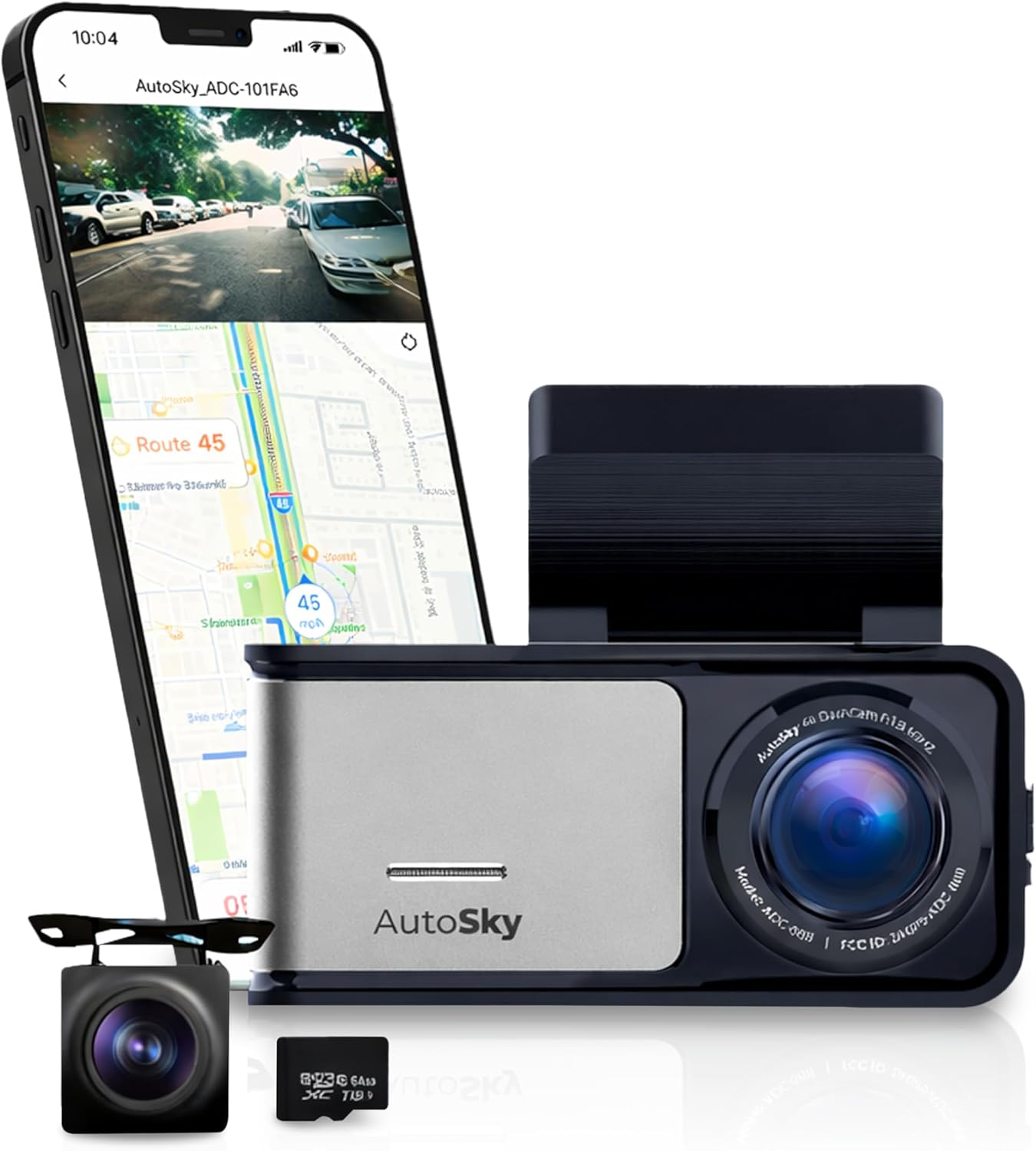 AutoSky 4K Dash Cam Pro – Front 4K + Rear 1080P | GPS, WiFi, App Control, G-Sensor | Night Vision, Loop Recording, Parking Mode – 64GB Included