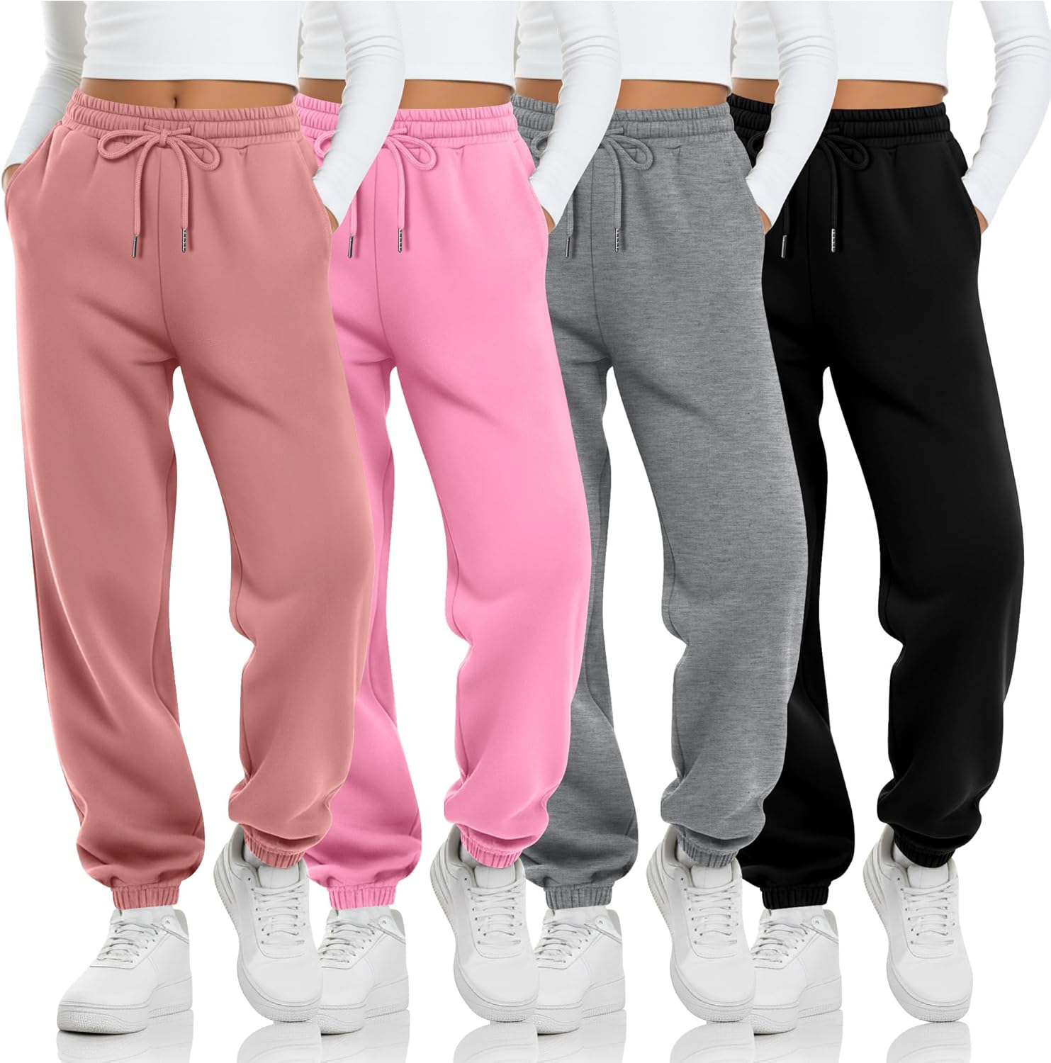 LessonZoo 4 Pack Girls' Jogger Sweatpants Girls Drawstring Sweat Pants Teens Activewear Kids Joggers with Pockets (Ages 5-16)