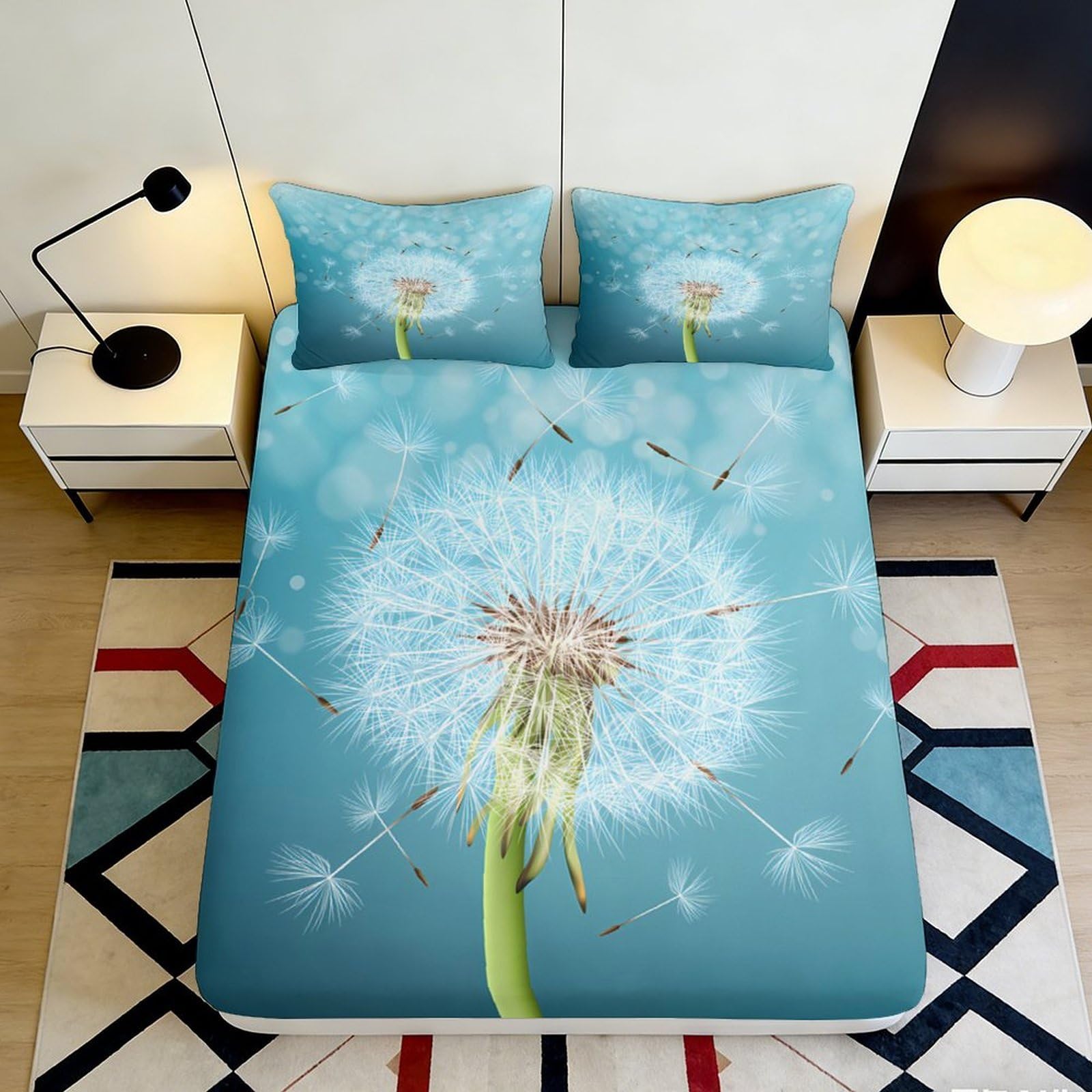 3D Printed Dandelion Blue Fitted Sheet Microfiber Soft Botanical Mattress Cover for Bedroom Guest Room Decor 90x200x25cm