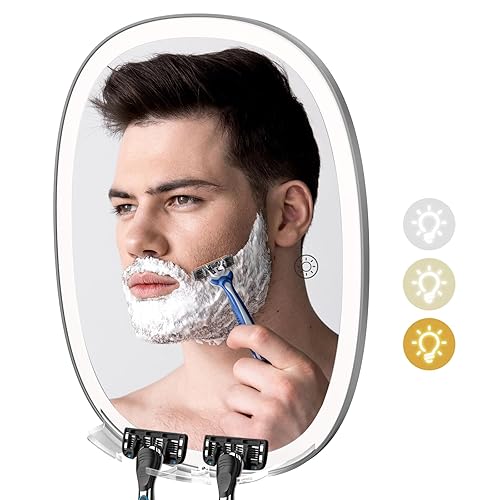 COSMIRROR Espejo de ducha iluminado, sin niebla para afeitarse con luz, luces regulables de 3 colores, rotación de 360, dos soportes para maquinilla