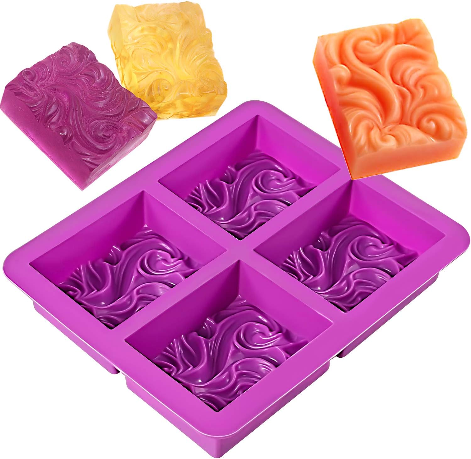 Palksky 4-Cavity Ocean Wave Soap Mold/Silicone Sea Wave Cake Pan for Jelly Pudding Mousse Mould/DIY Handmade Nautical Cloud Swirls Pattern Soap Mold for Goat Milk Soap (3.5 Oz Cavities)
