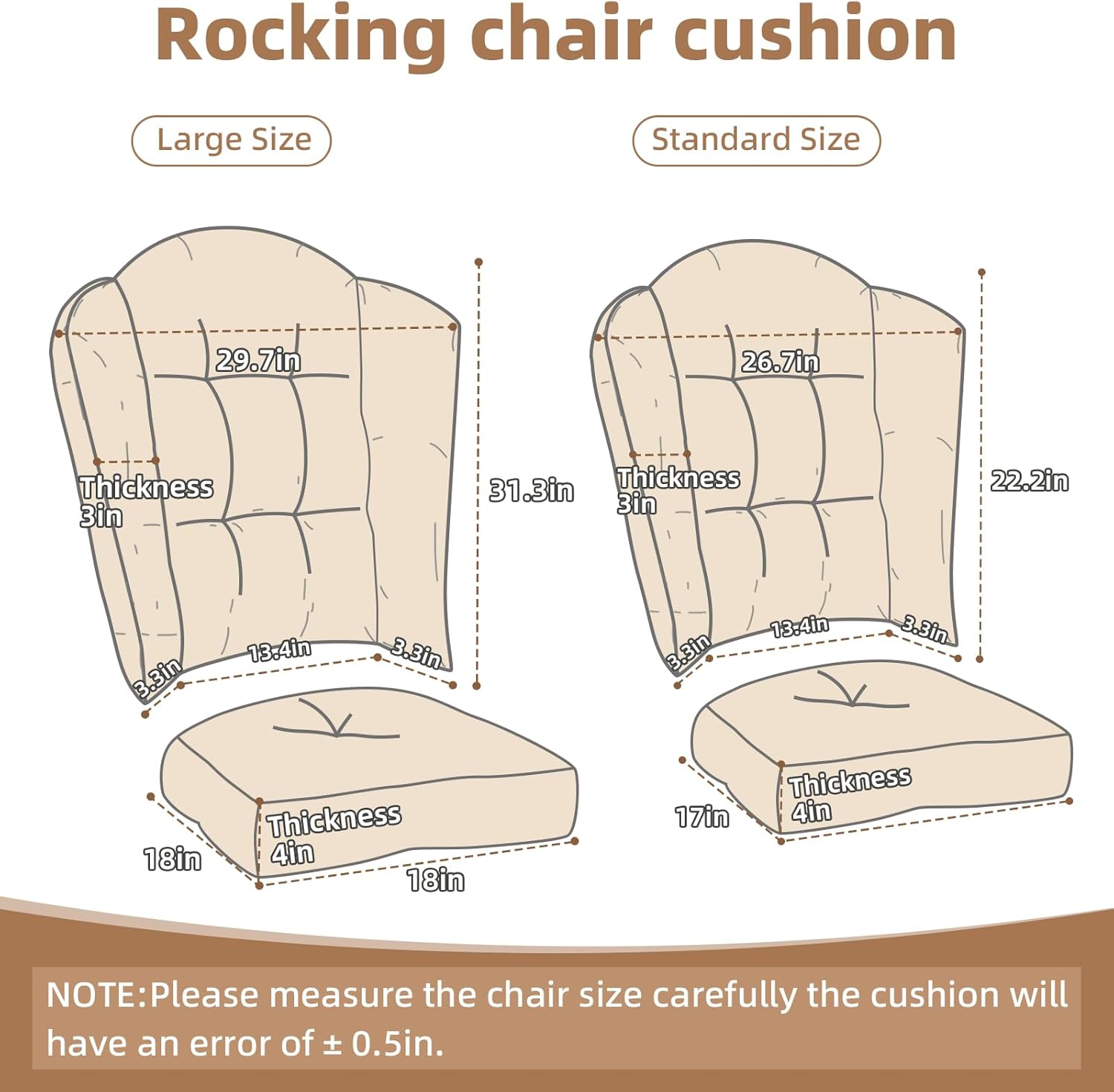 Wingback Rocking Chair cushion - Large Tufted Adirondack Chair Cushions, High-Density Sponge, Comfort Chenille Indoor Rocker Pads, 2 Piece Sets- Seat Cushion & High Back Cushion, Ivory | Large Size