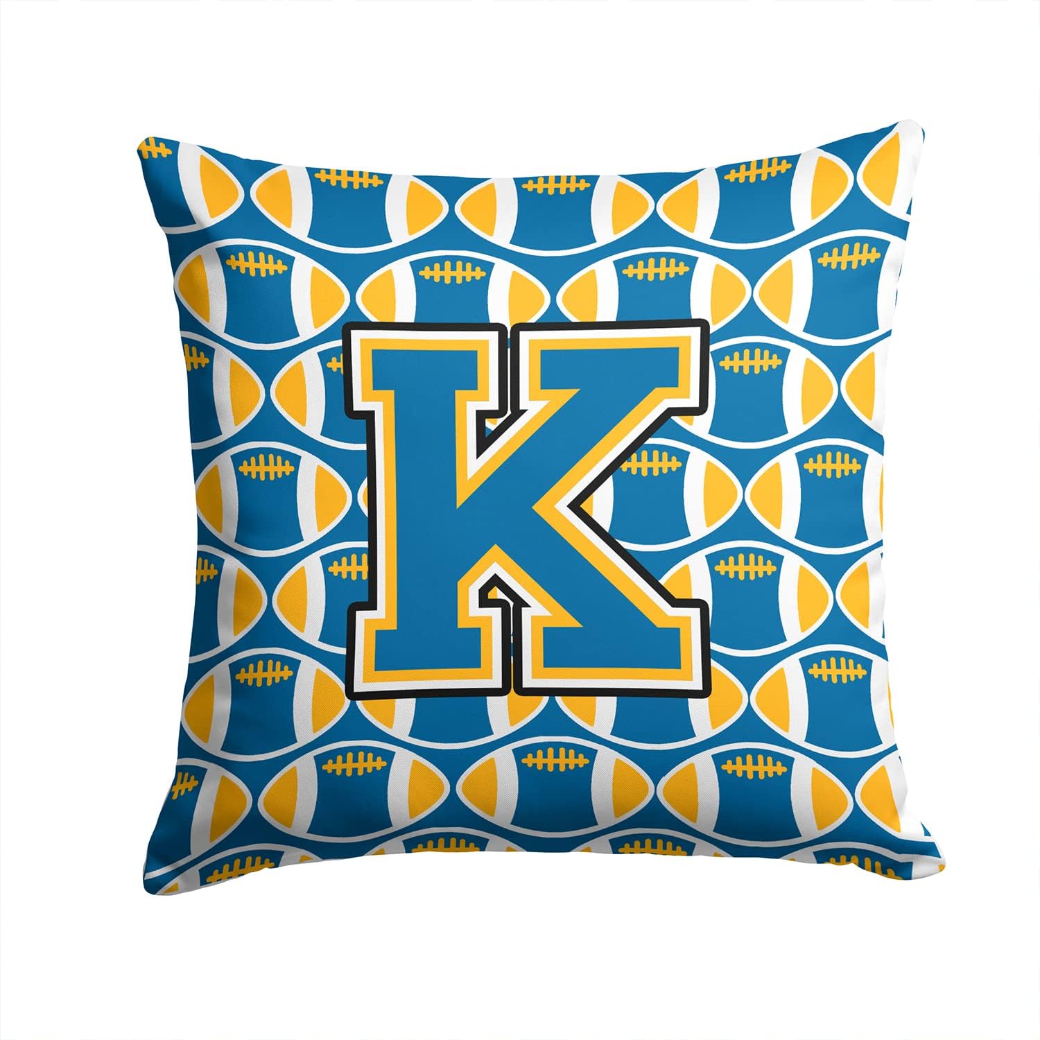 Caroline's Treasures CJ1077-KPW1414 Letter K Football Blue and Gold Fabric Decorative Pillow Machine Washable, Indoor Outdoor Decorative Pillow for Couch, Bed or Patio, 14Hx14W
