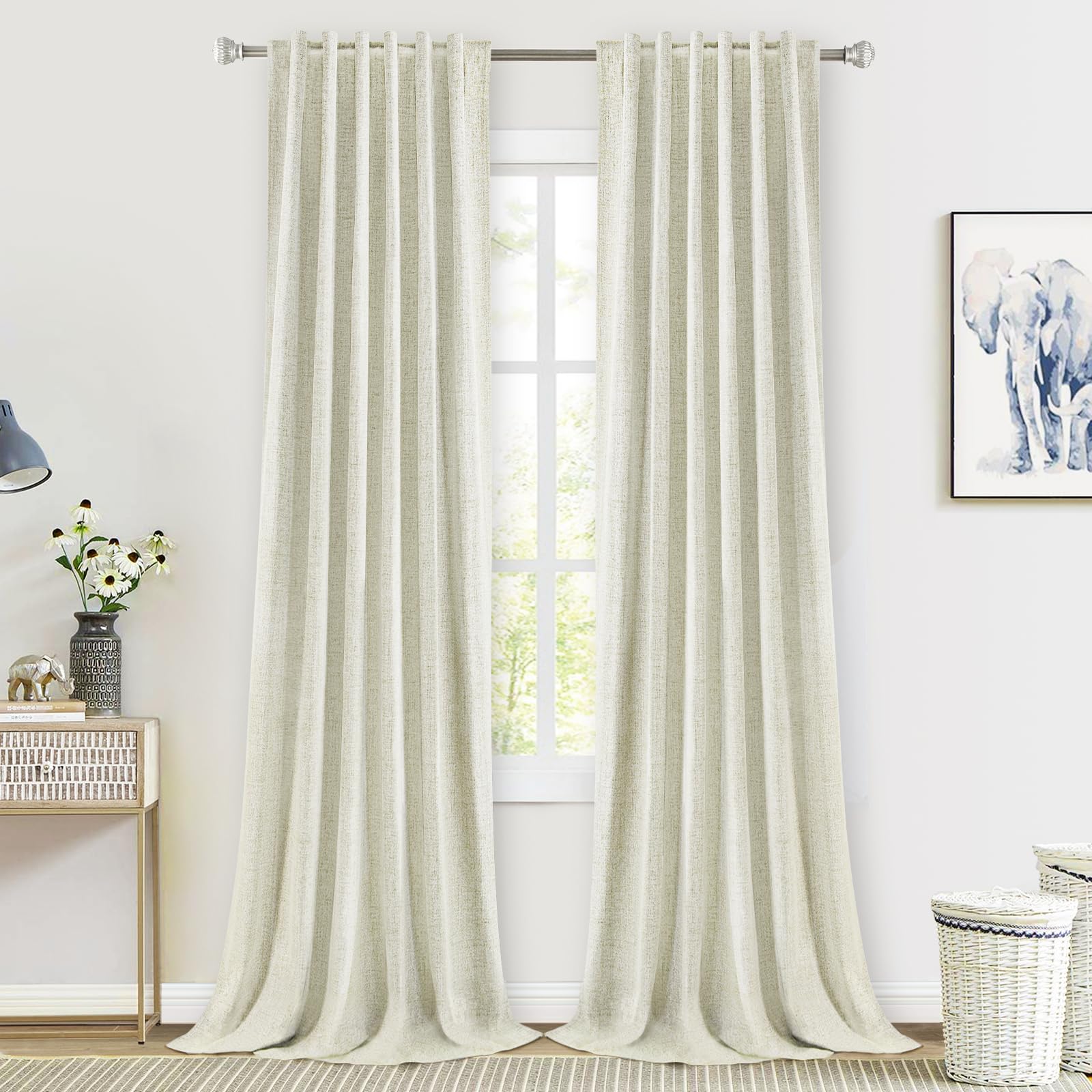 PANGSINNE 100% Blackout Cream Linen Curtains for Living Room - Back Tab Thermal Insulated Farmhouse Drapes Room Darkening for Bedroom, Natural 90 Inch