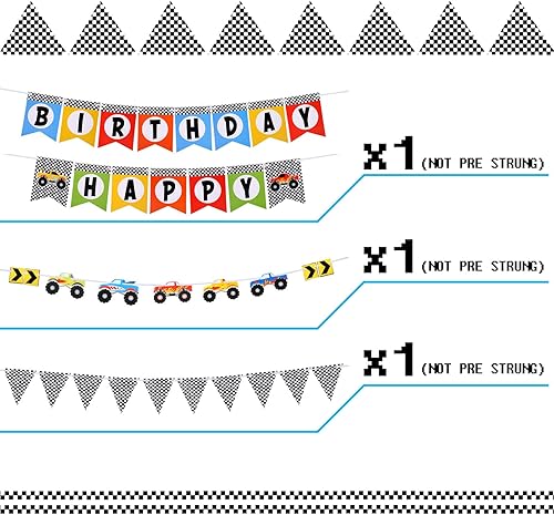 Miniatura 3 de Skylety Monster Truck Suministros para fiesta de cumpleaños de camión, pancarta de cumpleaños, triángulo, banderines, espirales colgantes, globos