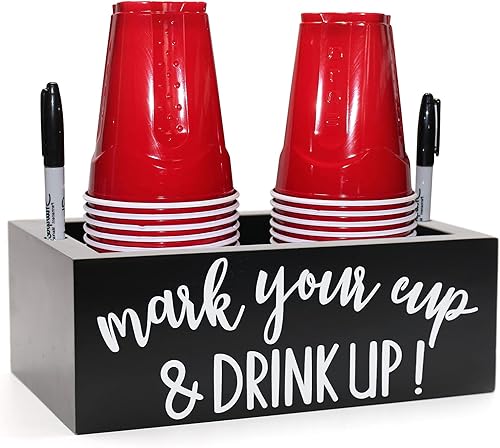 Kitticcino Dispensador de tazas doble para fiestas, organizador de tazas de madera, marca tu taza y bebe, cesta de bar, decoración de mostrador de