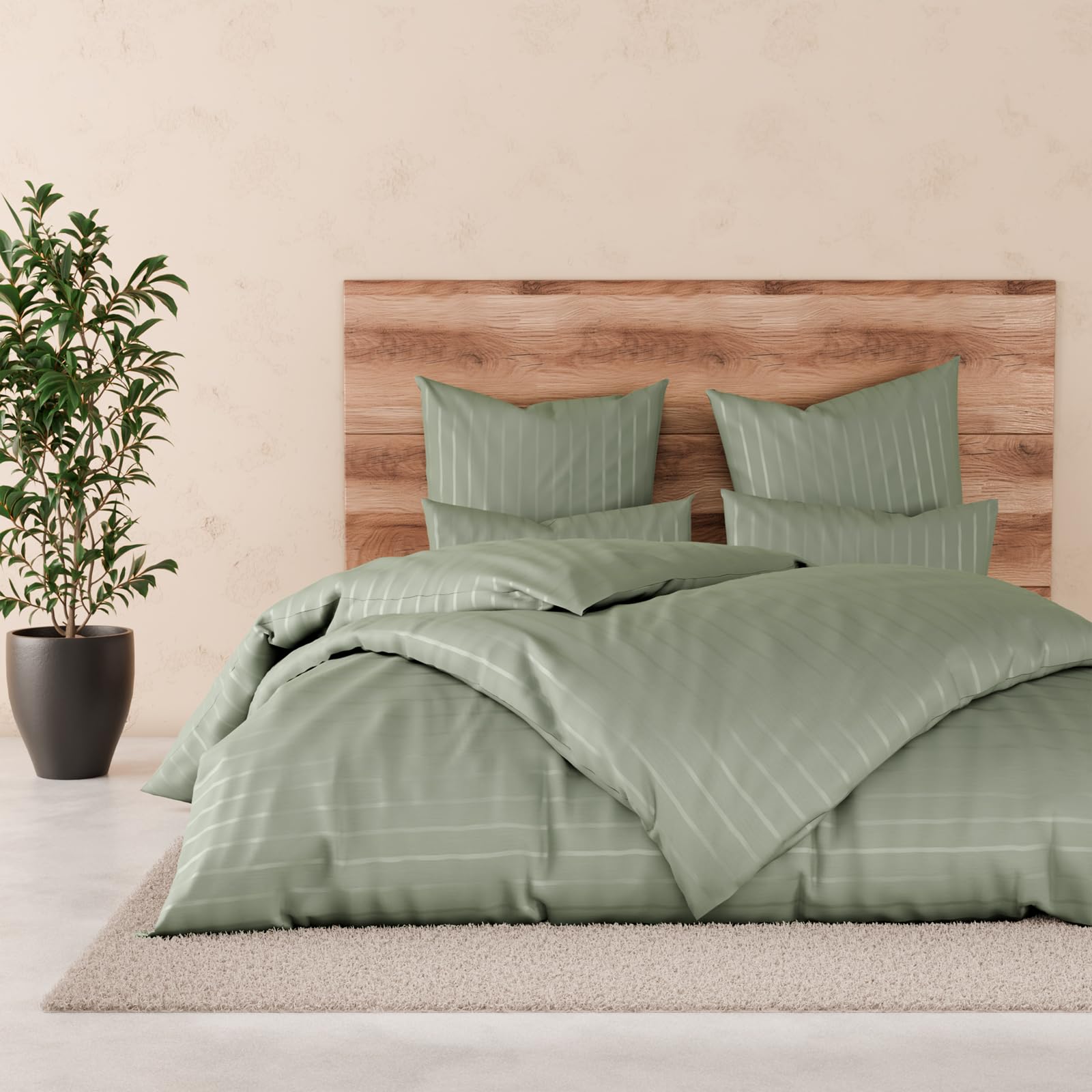 Pure Label Satin Bettwäsche 155x220 40x80 gestreift grün | 100% Baumwolle & Oeko-TEX Zertifiziert - Elegante und angenehm