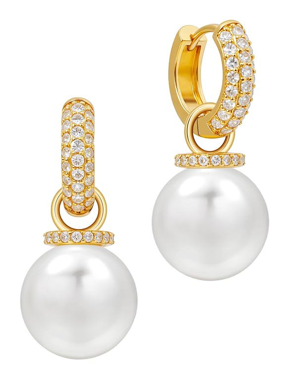 Big Pearl Drop Earrings for Women - 14K Real Gold Plated Quality Dangles for Elevated Casual or Elegant Gift by VOMIOK - Used condition - US$8.99