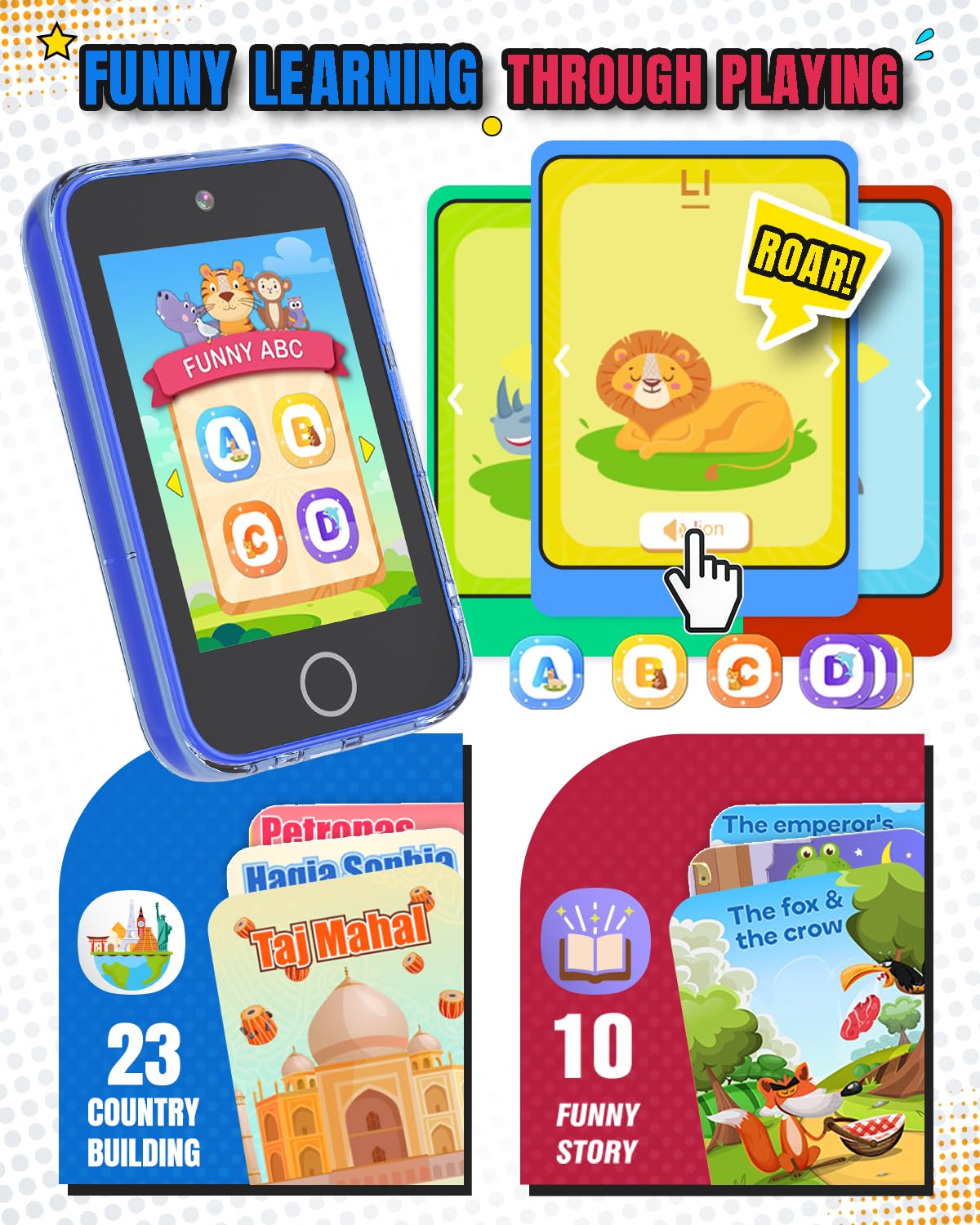 Byserten Smartphone per bambini, touch screen da 3,5 pollici con doppia fotocamera, giocattoli educativi per l'apprendimento per bambini dai 3 ai 10 anni, regali di compleanno di Natale