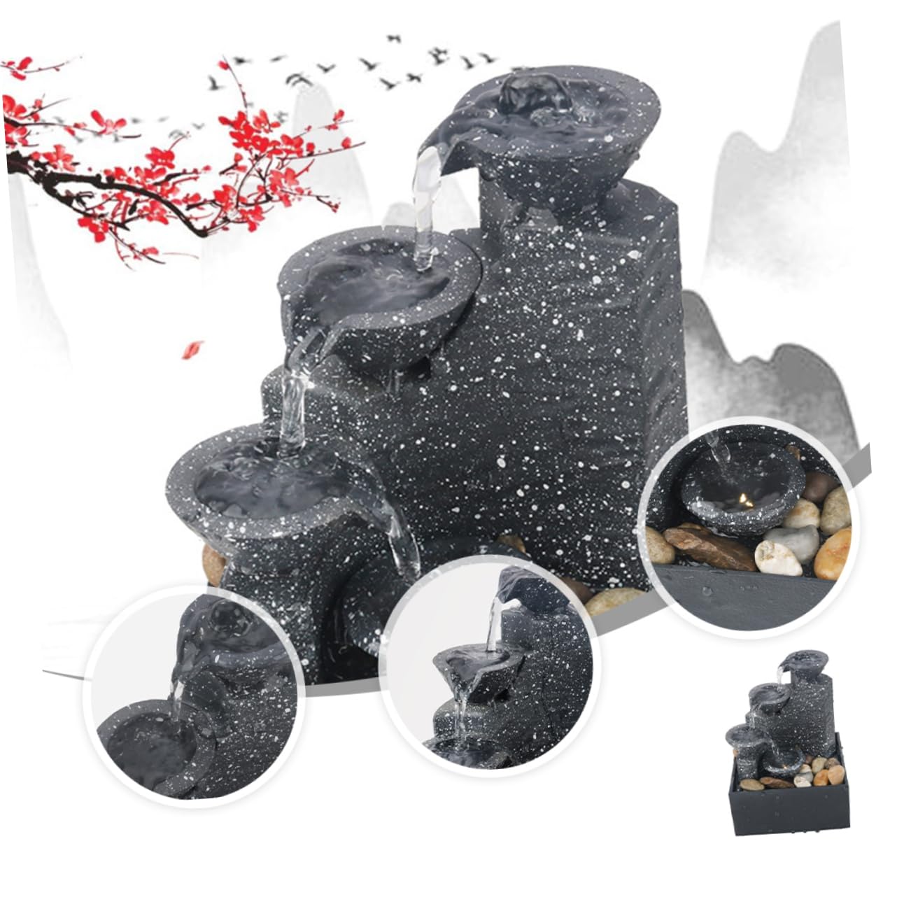 Fuente Decorativa de Agua Artificial Pequeña, Adorno de Cascada ABS Negro