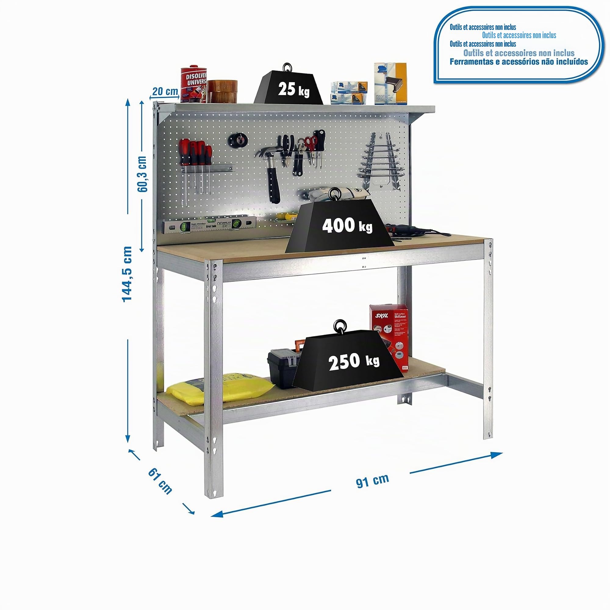 SimonRack Etabli d’Atelier, Capacité de Charge 400 kg, 1445x910x610 mm, Panneau Perforé avec 1 Étagère, Table de Travail Bricolage, Galvanisé/Bois - BT3