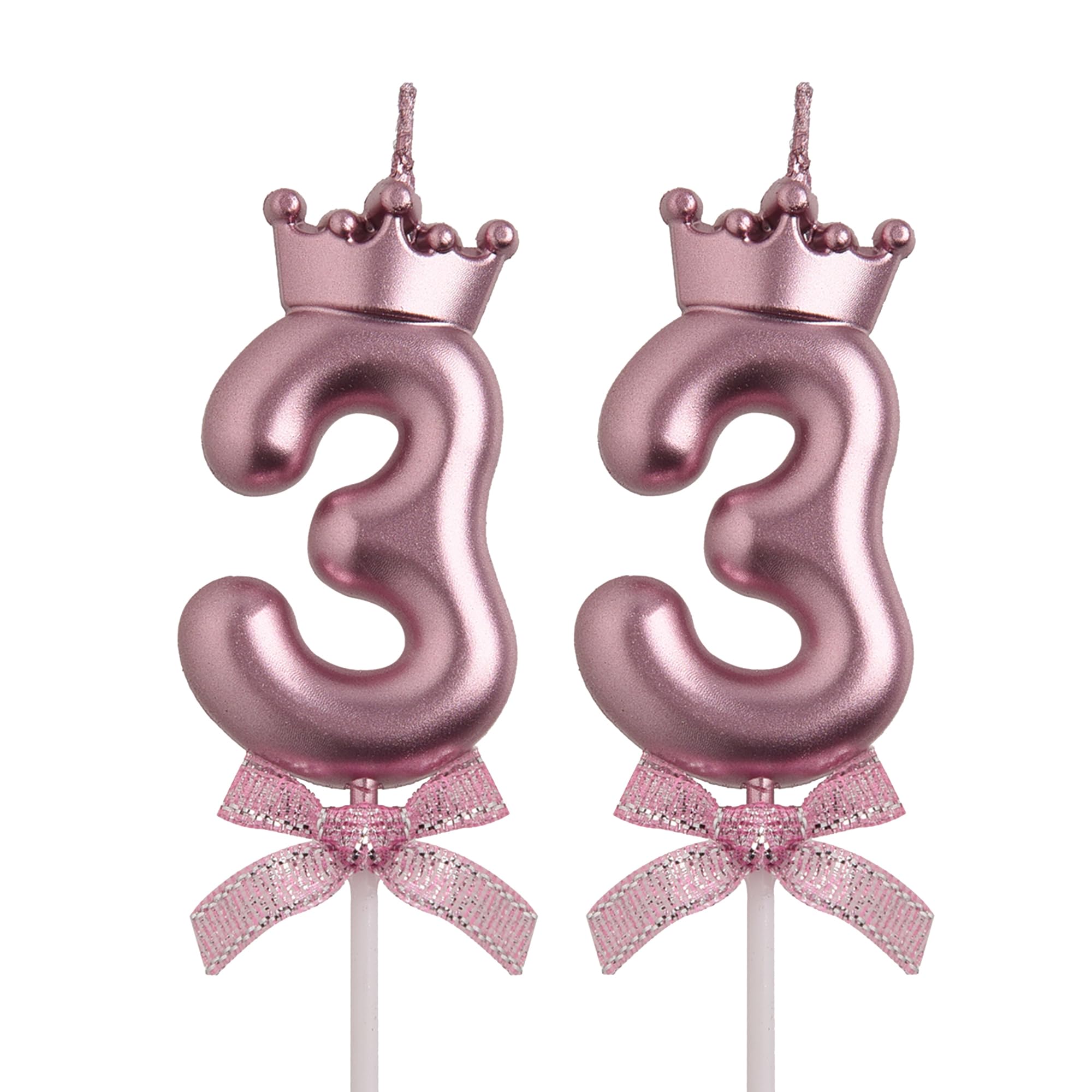 Vela de cumpleaños número 33 de oro rosa | Vela de cumpleaños número 33 sin humo con decoración de corona y lazo para decoración de tartas