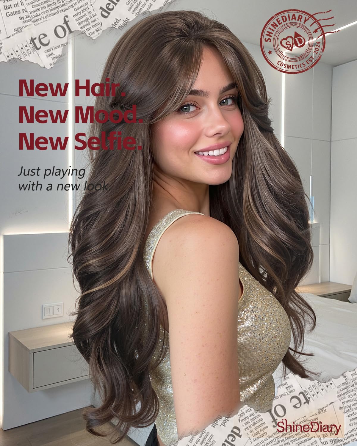 Mocha Brown with Highlights Wig With Bangs Long Wavy PuffPro Voluminous High Crown Wigs for Women,4x4'' Parting Realistic Scalp,Mob Wife Aesthetic/Clean Girl/Office Siren/Old Money Style