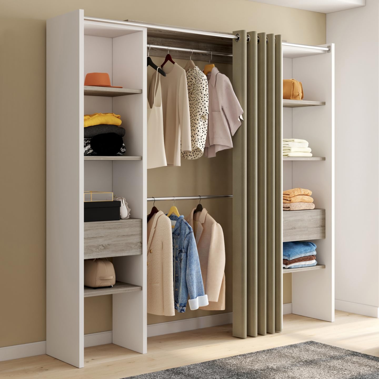 IDMarket - Dressing extensible double MERYL 120/180 x 50 x 180 cm blanc avec étagères hêtre + double penderie + rideau taupe