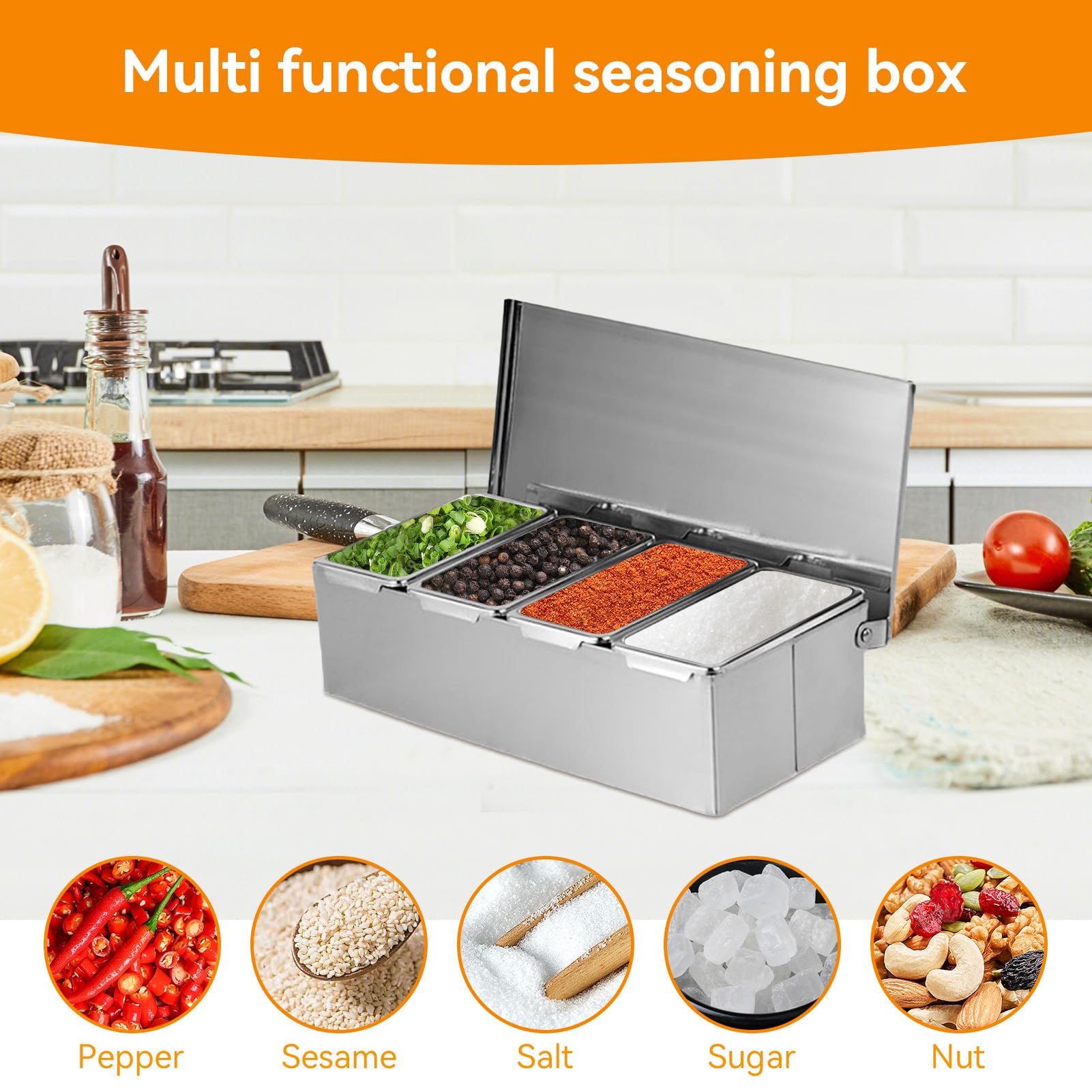 Stazione per condimento per pizza in acciaio inox, 4 scomparti, con coperchi e cucchiai per una facile preparazione e conservazione degli ingredienti, perfetta per pizzerie e chef domestici
