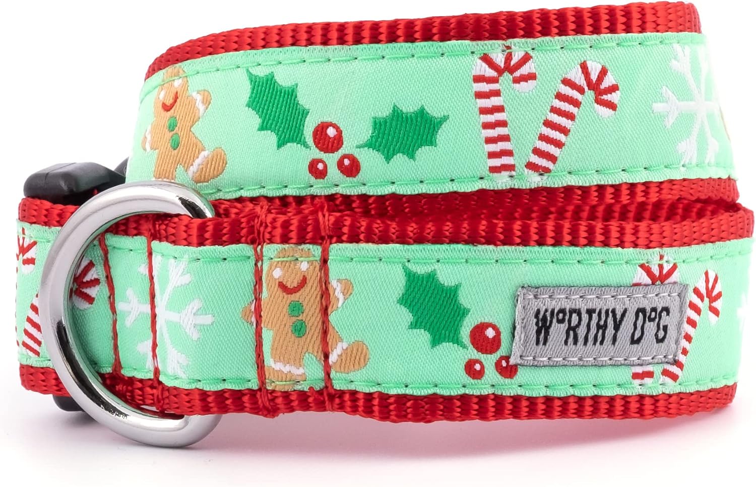 THE WORTHY DOG Collar for Small Dogs, Adjusts 9-15 inches, Durable Nylon Webbing, Quick Release Buckle, Gingerbread Pattern, Green, Small