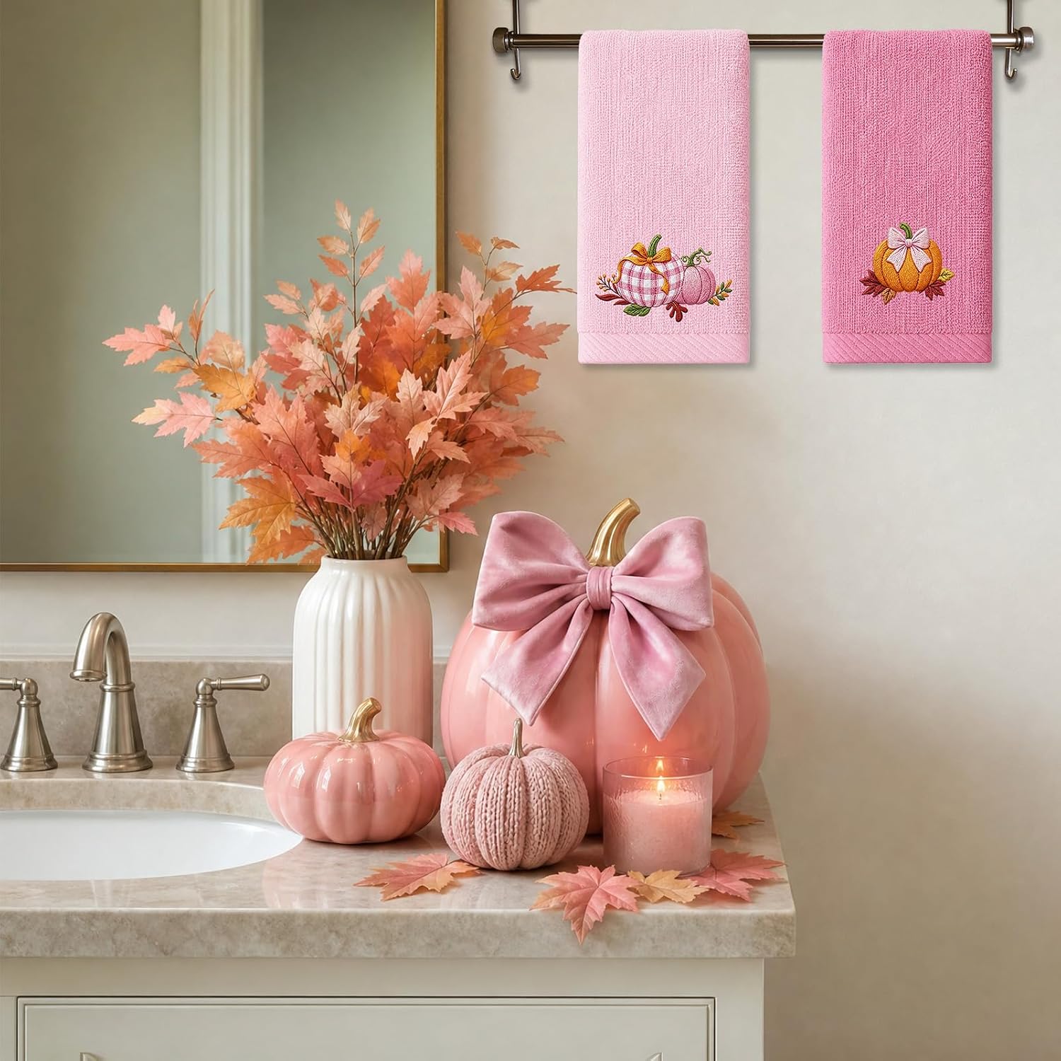 Pink Pumpkin Hand Towels, 3 PCS Fall Dish Bathroom Towel 14x30in