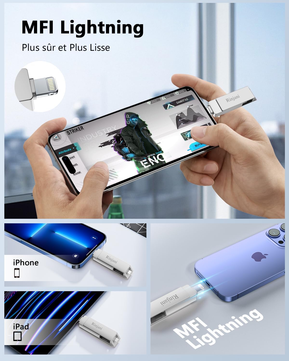 Rinjani Clé USB 512 Go MFI Lightning - Mémoire Externe Ultra Rapide pour iPhone, iPad et Android - Description