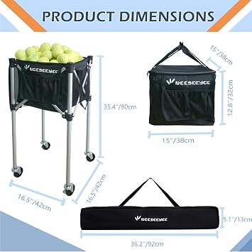 Portable Tennis Ball Hopper Tennis Ball Basket with Wheels Basket Hold Up to 160 Racquetball, Pickleball, Baseball, Badminton