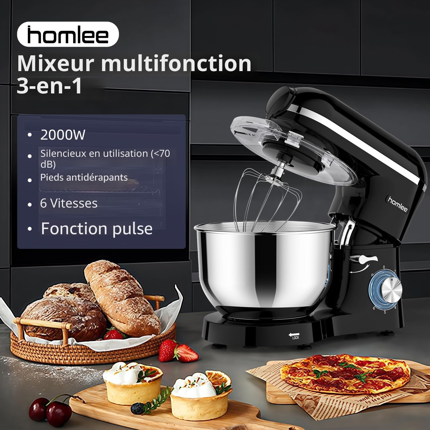 Homlee 3 en 1 Robot Pâtissier,2000W Robot Cuisine Multifonctions,avec Hachoir à Viande,1,5L Mixeur,Ensemble de légumes,Accessoires pour Saucisses,5.5L Bol Mélangeur,Fouet,Crochet Pétrisseur,Batteur