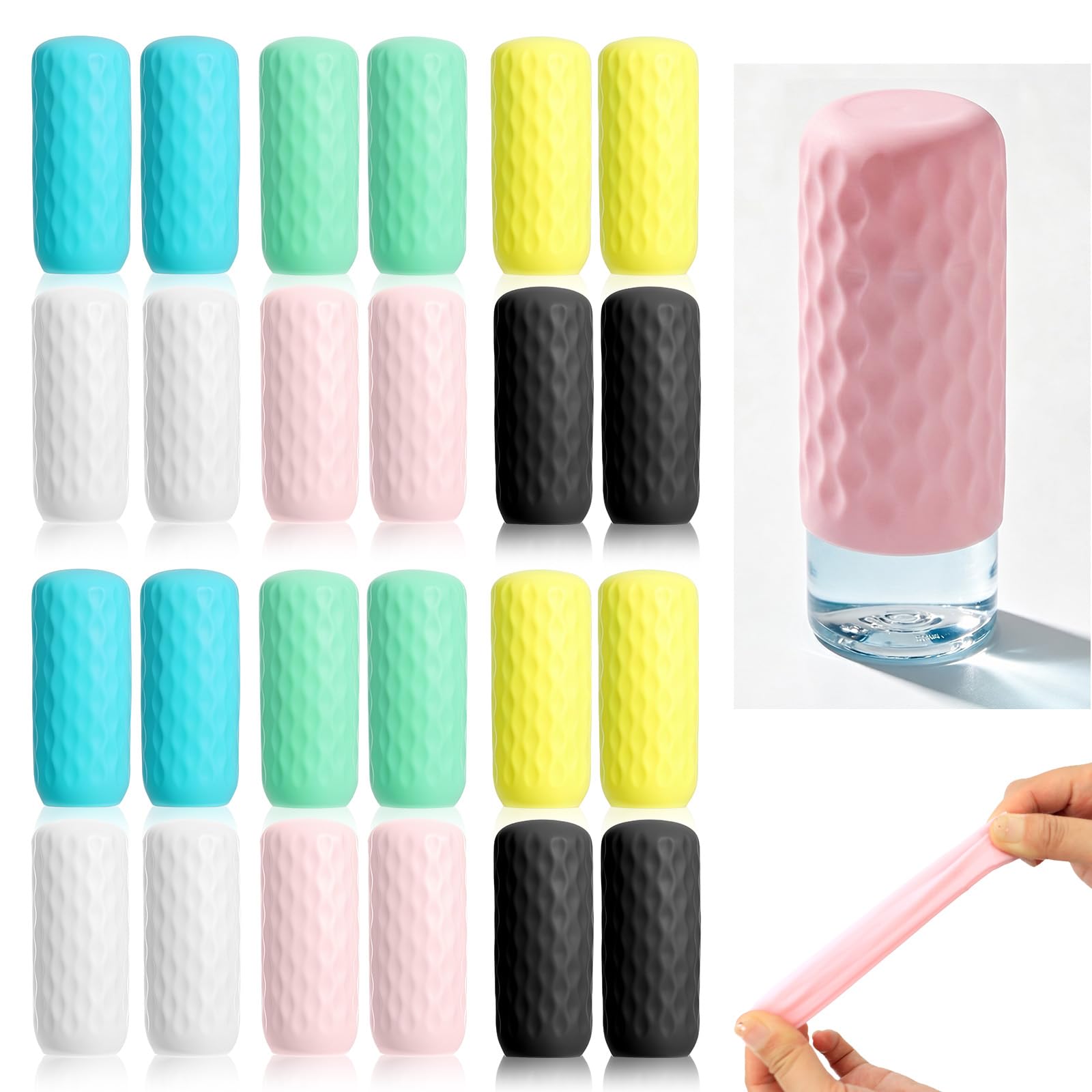 BORISCA 24Pcs Silicone Elastic Sleeves for Leak Proofing Travel Bottles, 2.95 * 1.77in Silicone Bottle Covers for Travel, Body Wash, Toiletries, Essential for Cruises, Various Bottle Sizes, 6 Colors