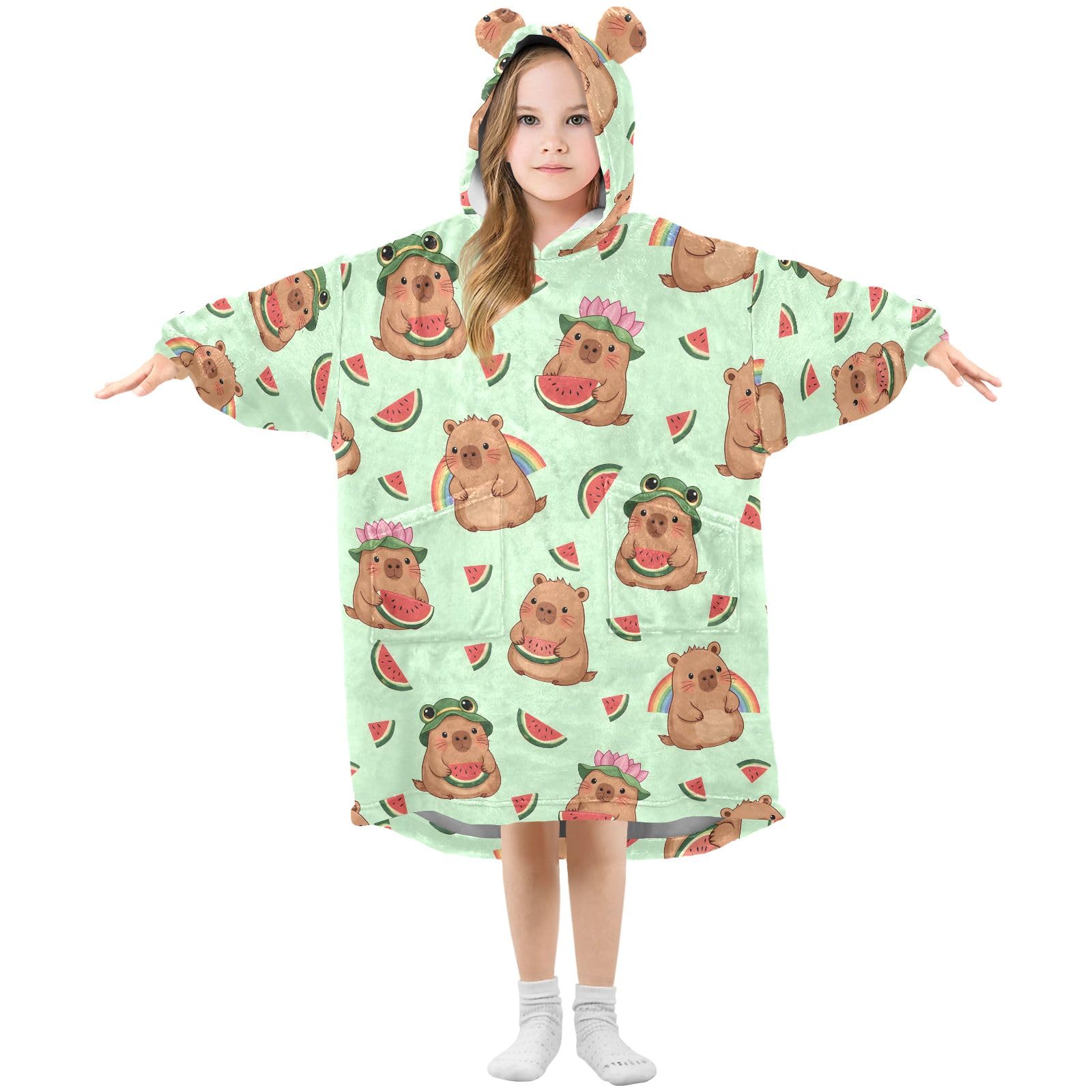 Capybara - Manta con capucha para niños, diseño de sandía, bata de franela suave con orejas y bolsillos, ropa de dormir cálida para niños y niñas