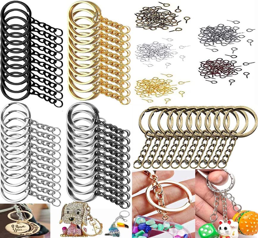 DIY Crafts 10 Pcs, Silver L, Split Key Ring with Chain Set, Metal Flat Keychain Rings 1 Inch with Open Jump Rings and Screw Eye Pins Bulk, Colors, for Portable Handb(10 Pcs, Silver L)