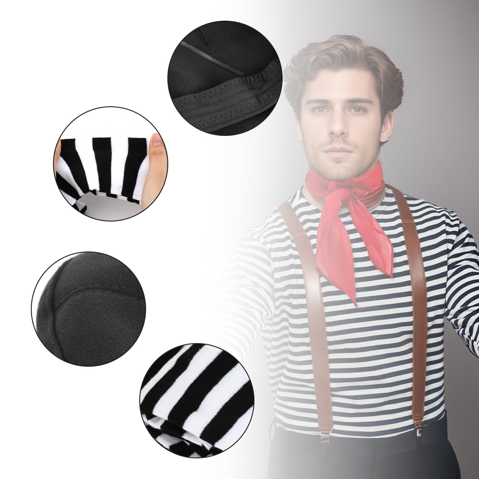 Pantomime Clothing Fashion Beret Retro Casual Round Hat Striped Knee Socks White Cotton Gloves Red Silk Scarf Small Square Neckerchief Cosplay Carnival Costumes Masquerad Pack of 4 - Image 4