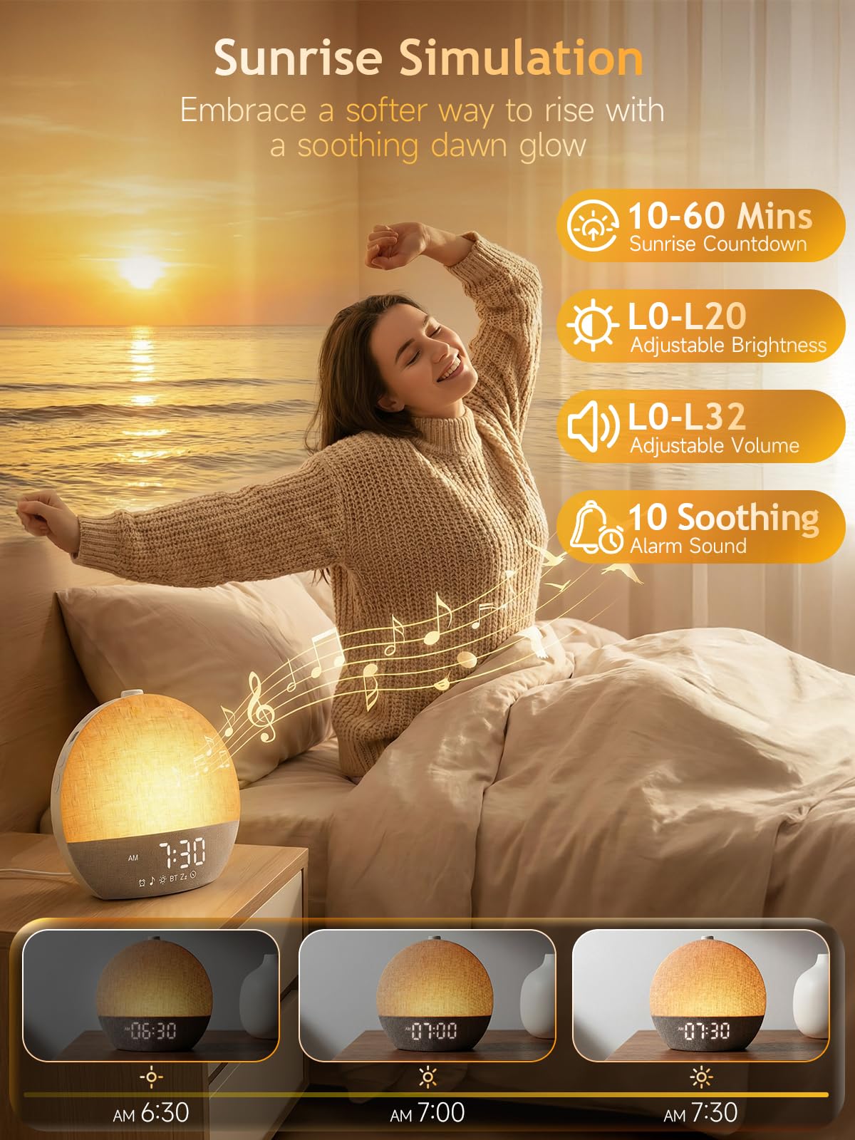 Despertador Amanecer, Despertador con Luz Natural Simulación de Amanecer, Lámpara de Cabecera Bluetooth, 30 Sonidos Ruido Blanco, 17 Modos de Luz RGB, 20 Niveles de Brillo, Temporizador y Snooze