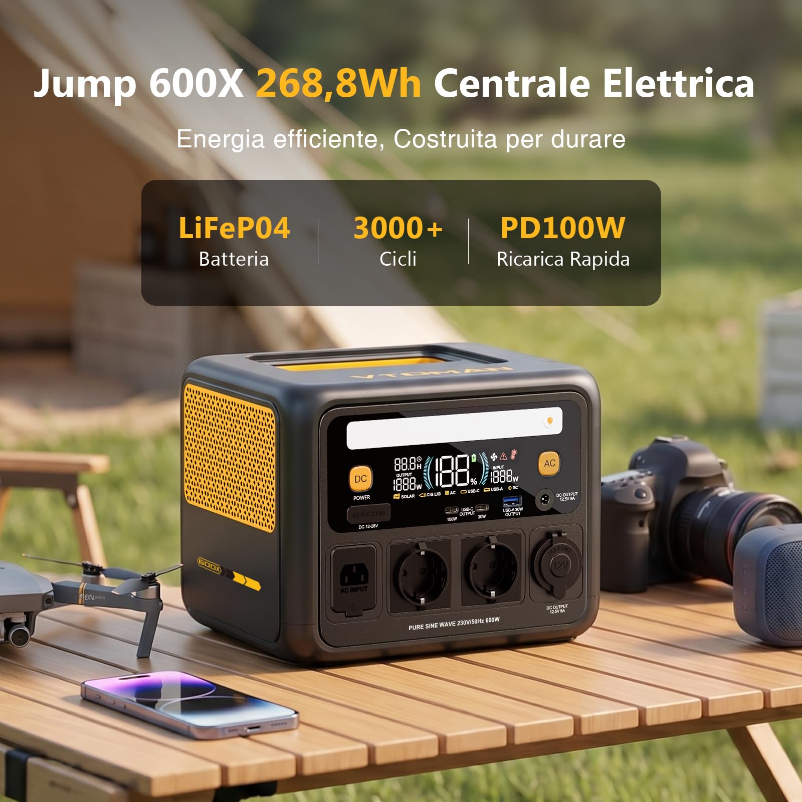 VTOMAN JUMP 600X Centrale Elettrica Portatile 600W/268,8Wh LiFePO4 Batteria