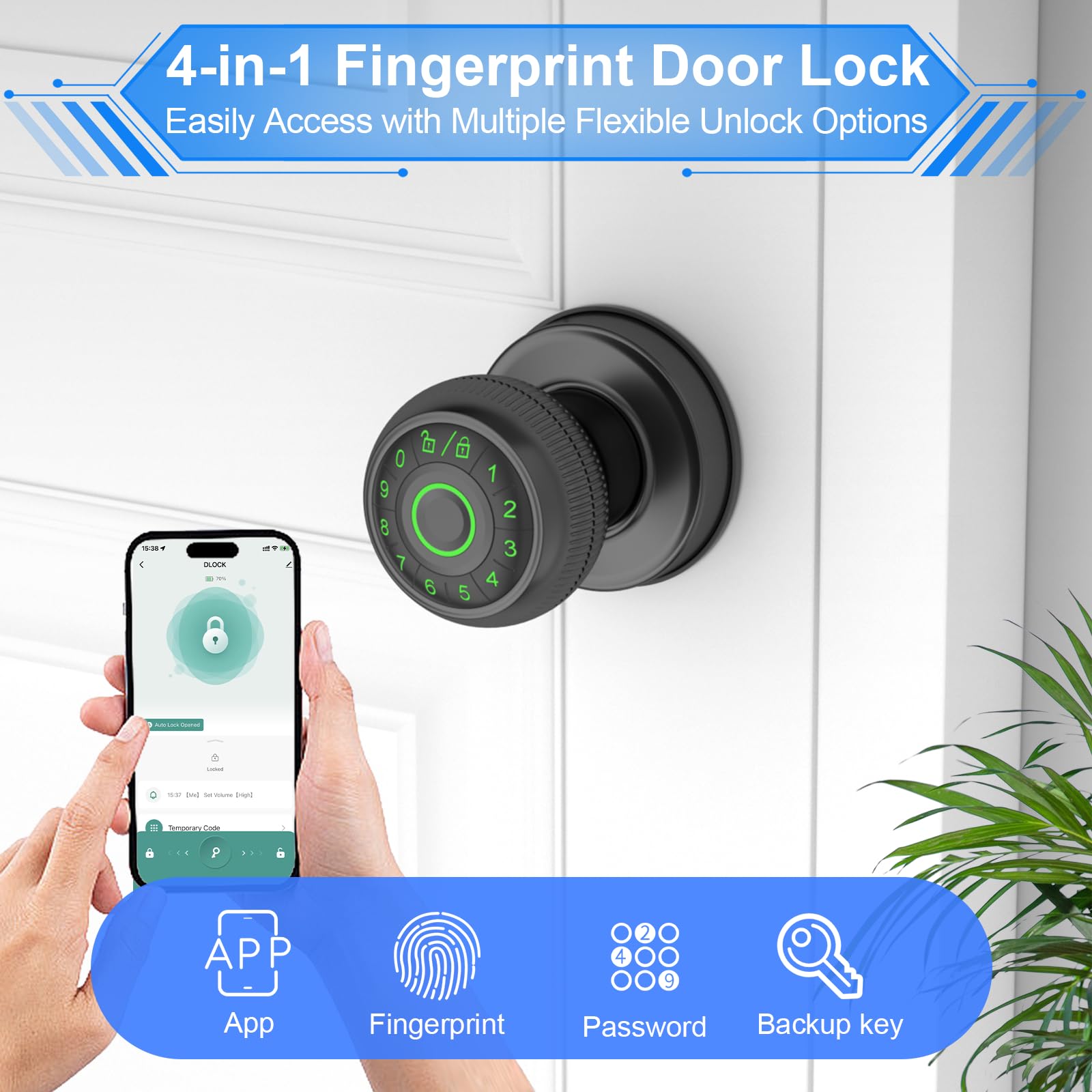 Serrure de porte intelligente avec clavier à code et application de contrôle d'empreintes digitales, verrouillage automatique et mode confidentialité, noir mat – Idéal pour appartement,