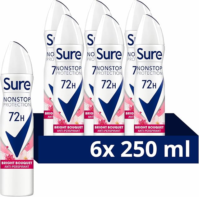 Sure Nonstop Protection Bright Bouquet Anti-Perspirant Deodorant with Body Heat Activated technology Spray for 72-hour odour and sweat protection 6x 250 ml