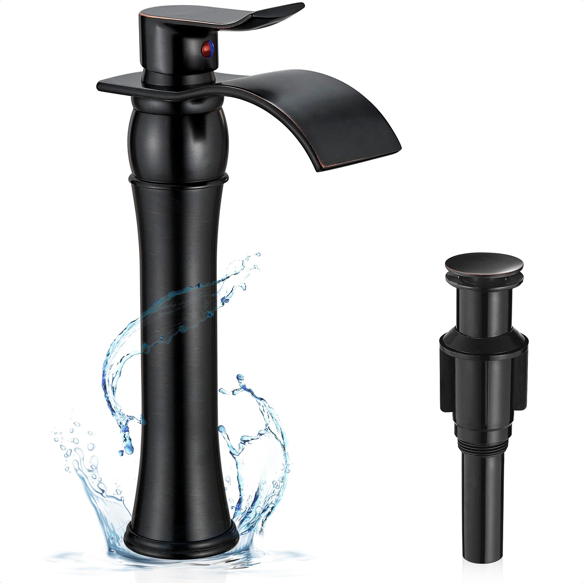 Hcfyauis Oil Rubbed Bronze - Farmhouse Vessel Sink Faucet Oil Rubbed Bronze, Brass Tall Bathroom Faucet Waterfall 1 Hole, Bathroom Faucets Single Handle Bathroom Sink Faucet Bronze With Pop-Up Drain & Water Hoses For Farmhouse