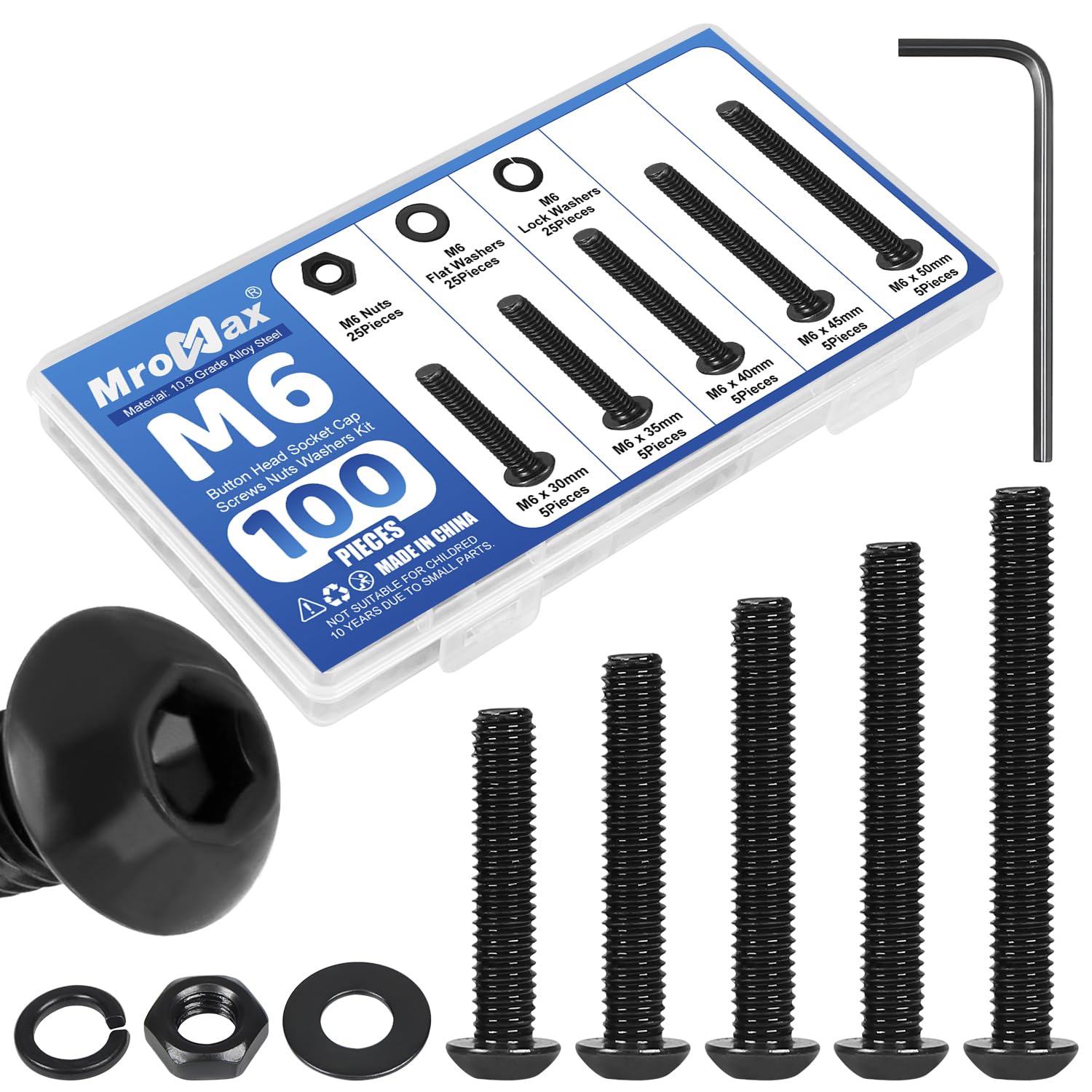 MroMax 50Pcs M6 x 40mm Button Head Socket Cap Bolts Screws, Alloy Steel 10.9 Grade, Allen Socket Drive, Black Oxide Finish, Fully Machine Thread