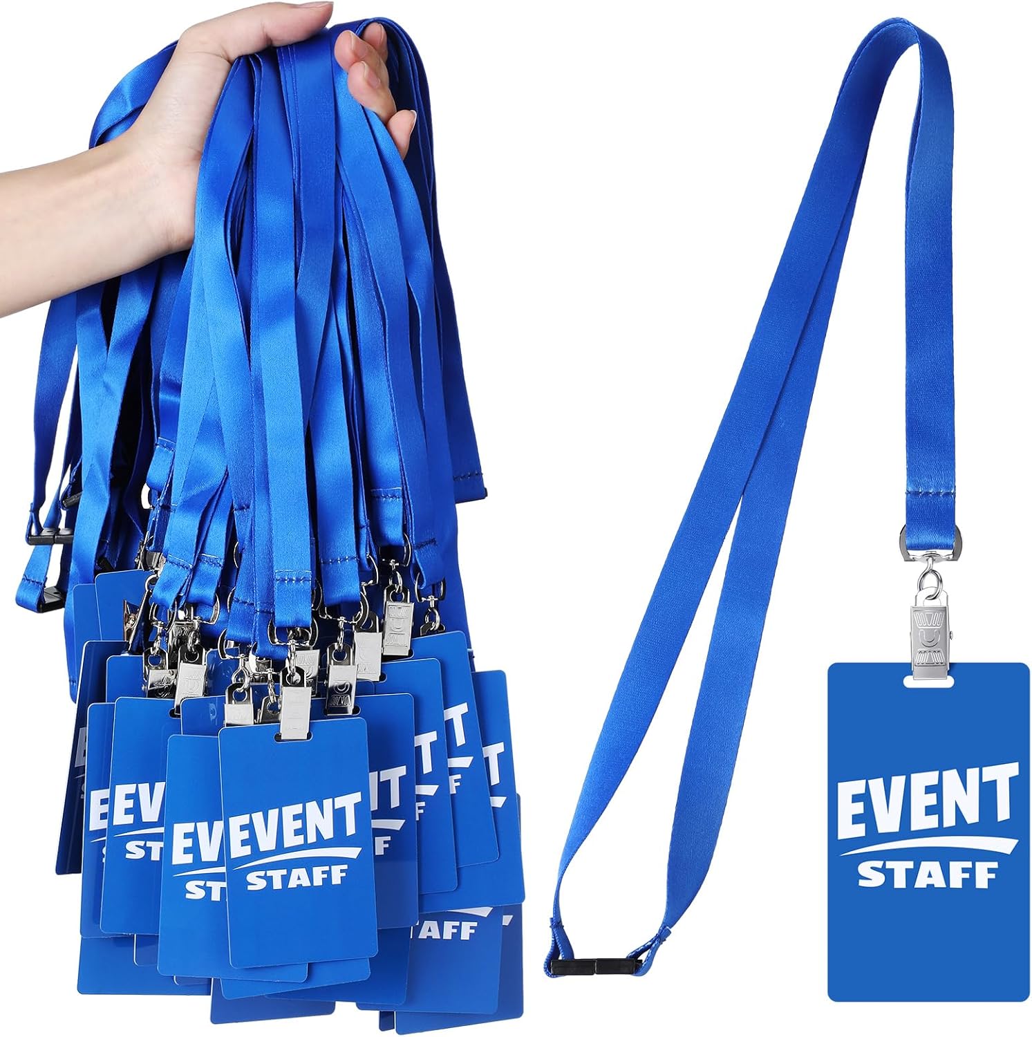Qilery 50 Sets Event Staff Lanyards with PVC Pass Card Blue Event Staff Breakaway Lanyard Volunteer ID Badges with Metal Swivel Hook for Sporting Concert Party Organizer Conference Office Supplies