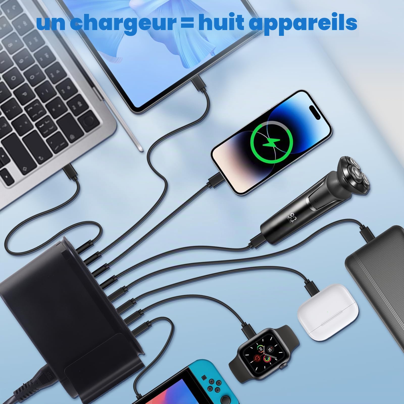 600W Chargeur USB C Multiple, 8 Ports Chargeur Rapide GaN Multiprise QC+PD, Chargeur Rapide Prise Station de Charge Compatible avec Laptop Phone