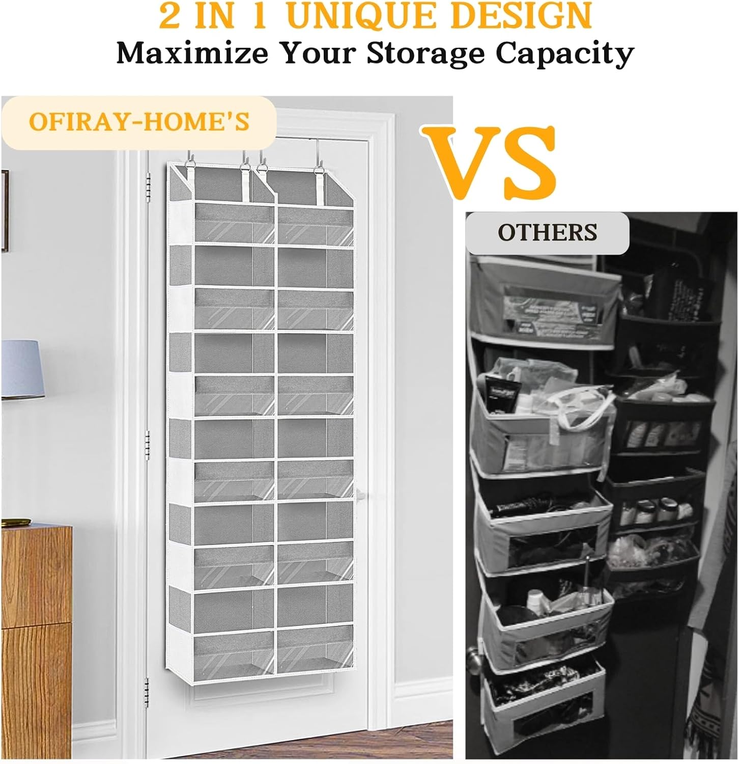 Over The Door Organizer 6 Tiers, Extra Large Behind Door Storage of 12 Compartments, 80 lbs Weight Capacity Hanging Storage Organizer with Clear Window Kids Toys,Shoes,Diapers,Room Storage,Light Grey